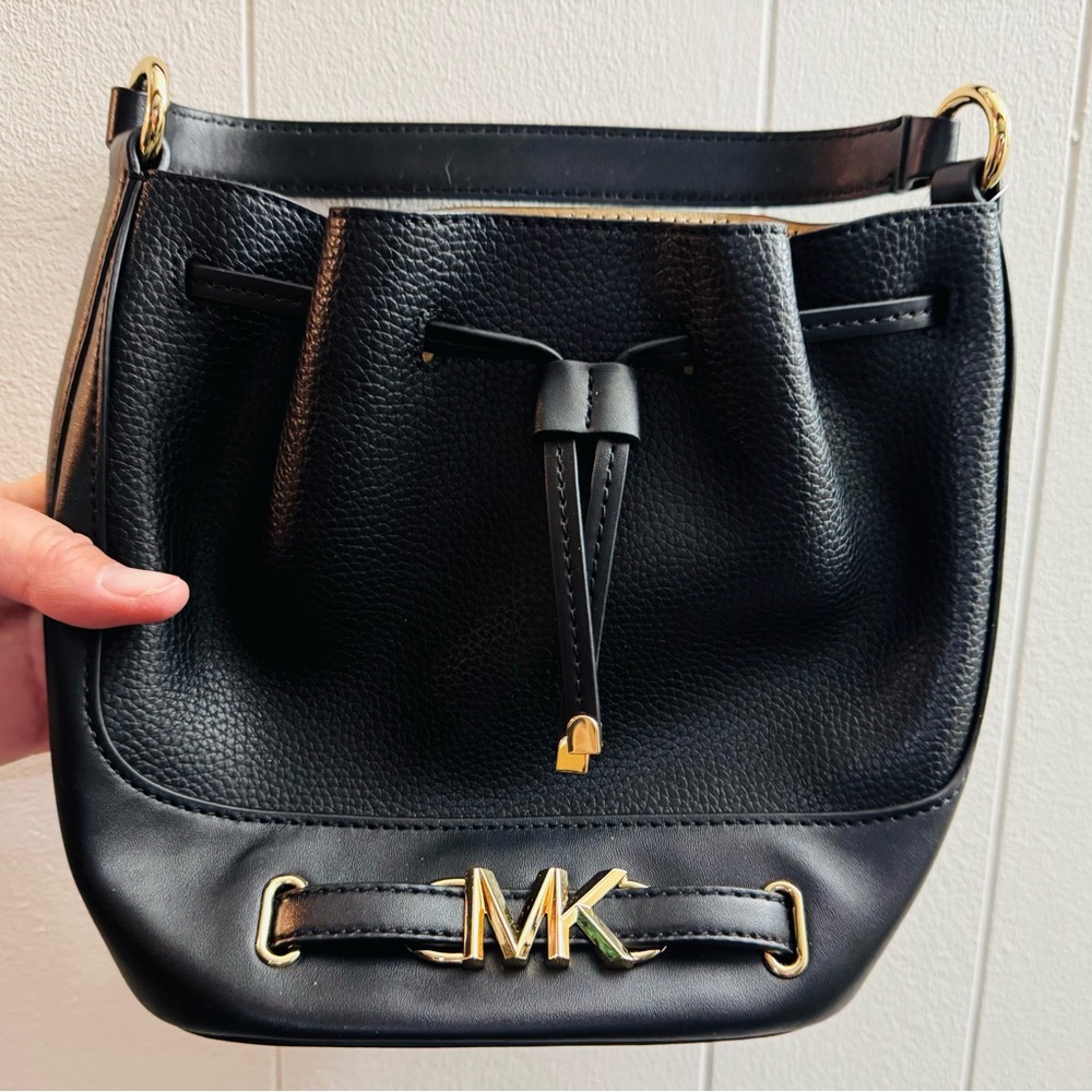 Michael Kors Black Leather Drawstring Shoulder Bag with Gold Hardware
